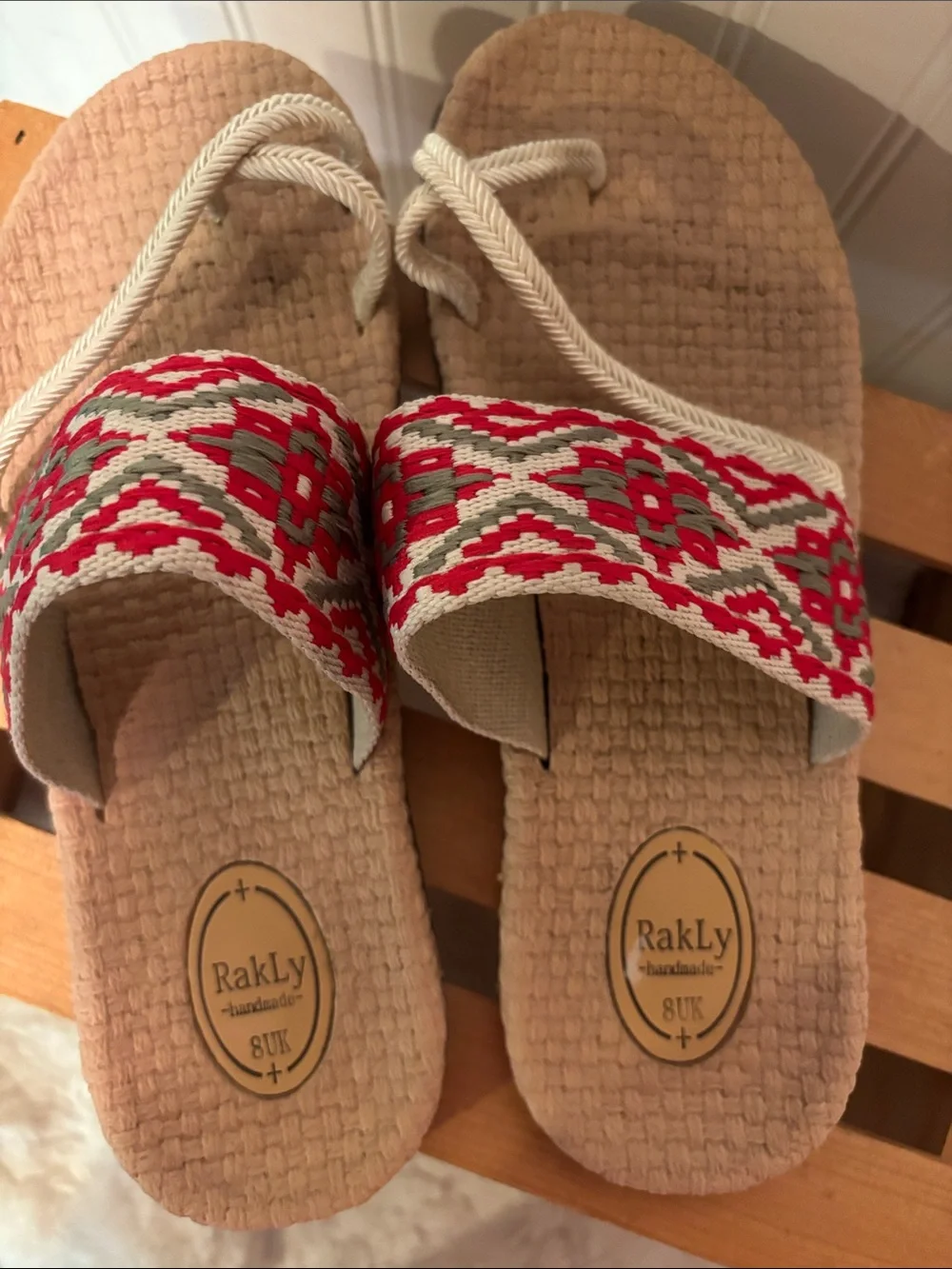 RakLy Handmade Slide Sandals with Red Patterned Strap Sz 8UK US 10